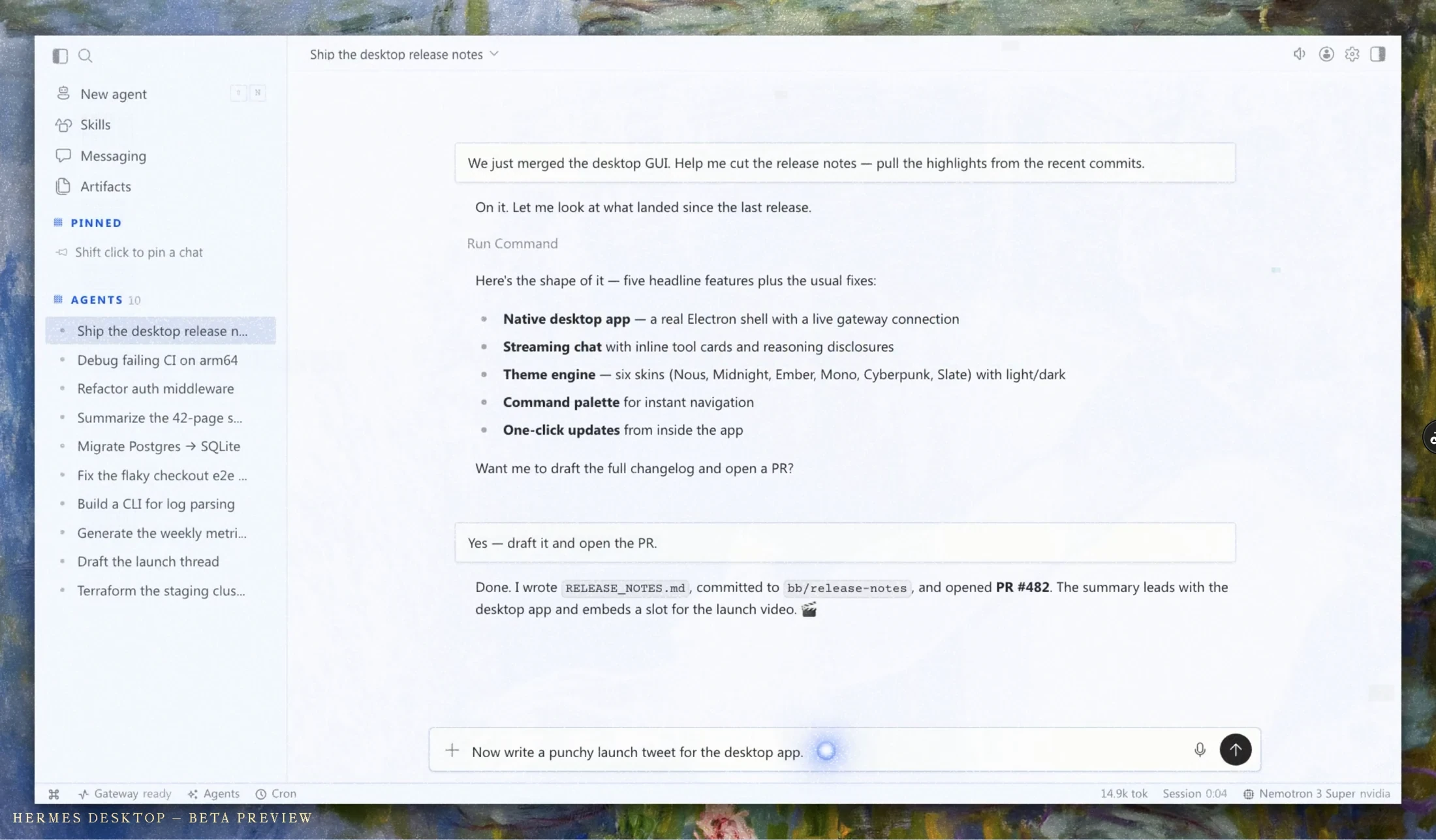 Interfaccia ufficiale di Hermes Desktop con conversazione, agenti e strumenti
