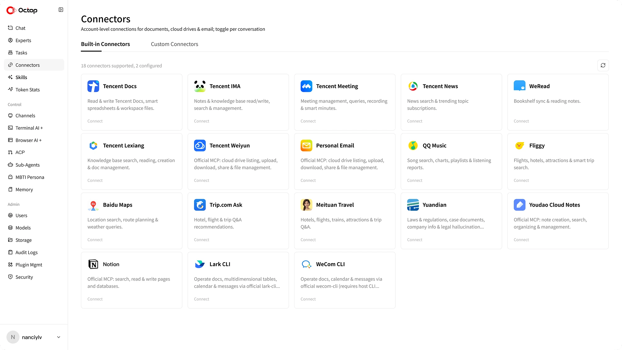 Dashboard ufficiale Octop con i connettori per documenti e strumenti