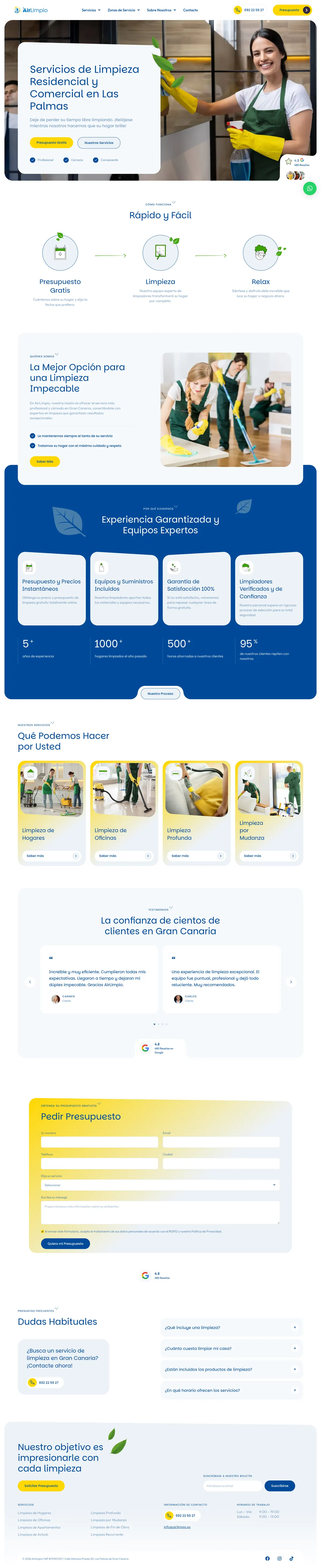 Home del sito di AirLimpio: servizi di pulizia residenziale e commerciale a Las Palmas e Gran Canaria, con recensioni Google in evidenza